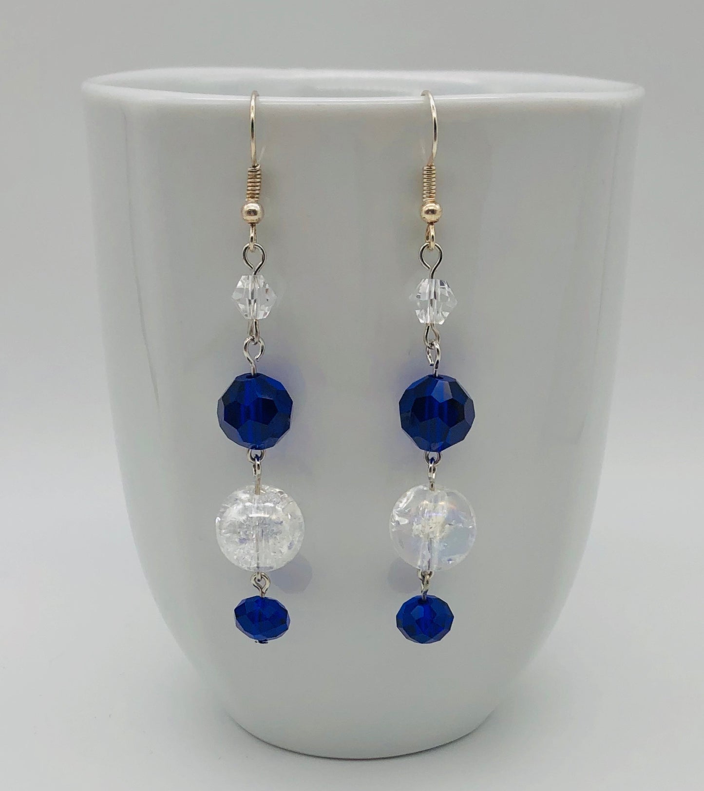Royal blue faceted and crystal glass bead fishhook earrings