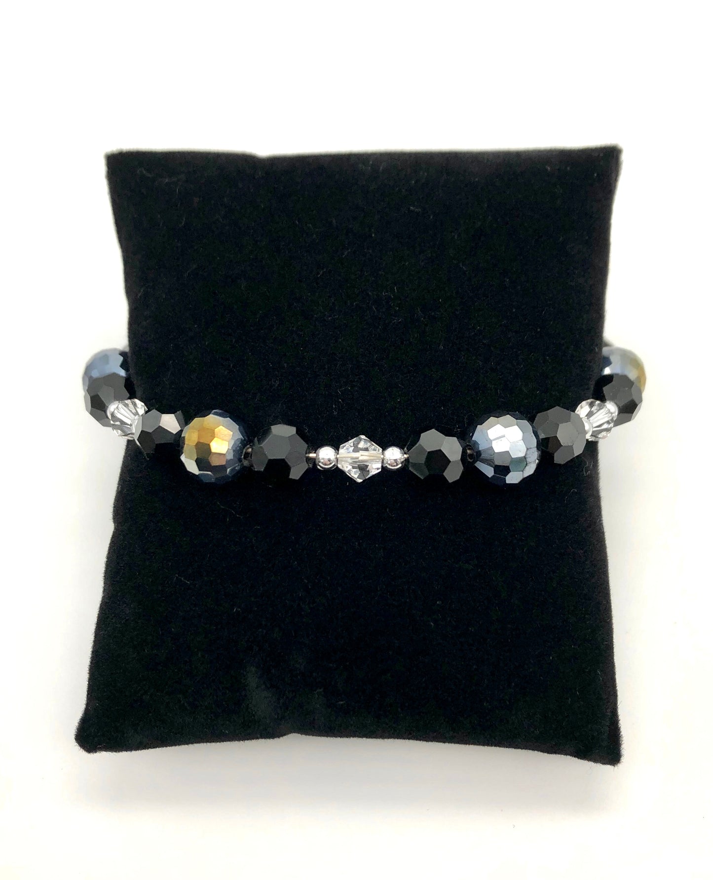 Black, dark disco grey, and crystal beaded silver memory wire bracelet