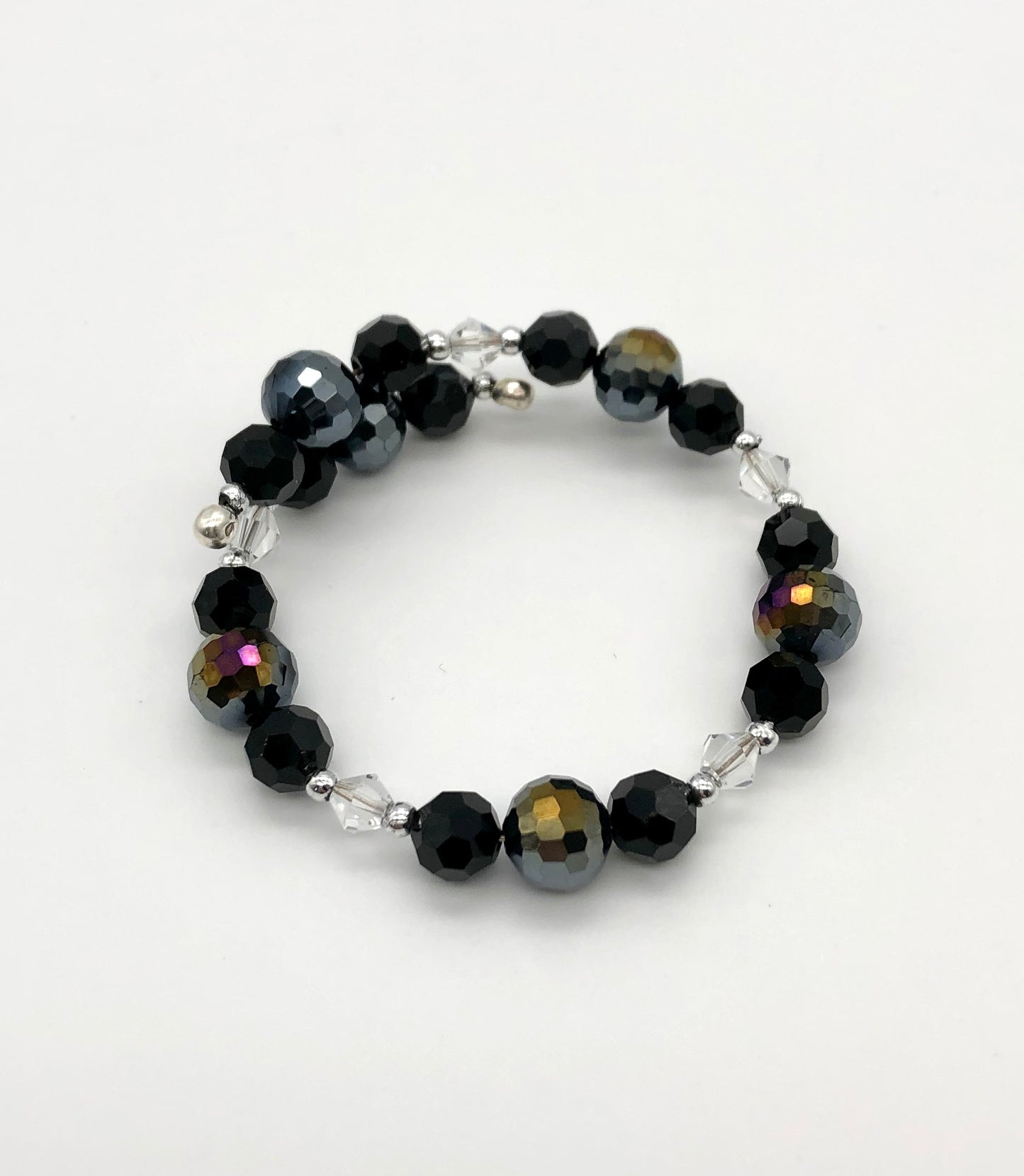 Black, dark disco grey, and crystal beaded silver memory wire bracelet
