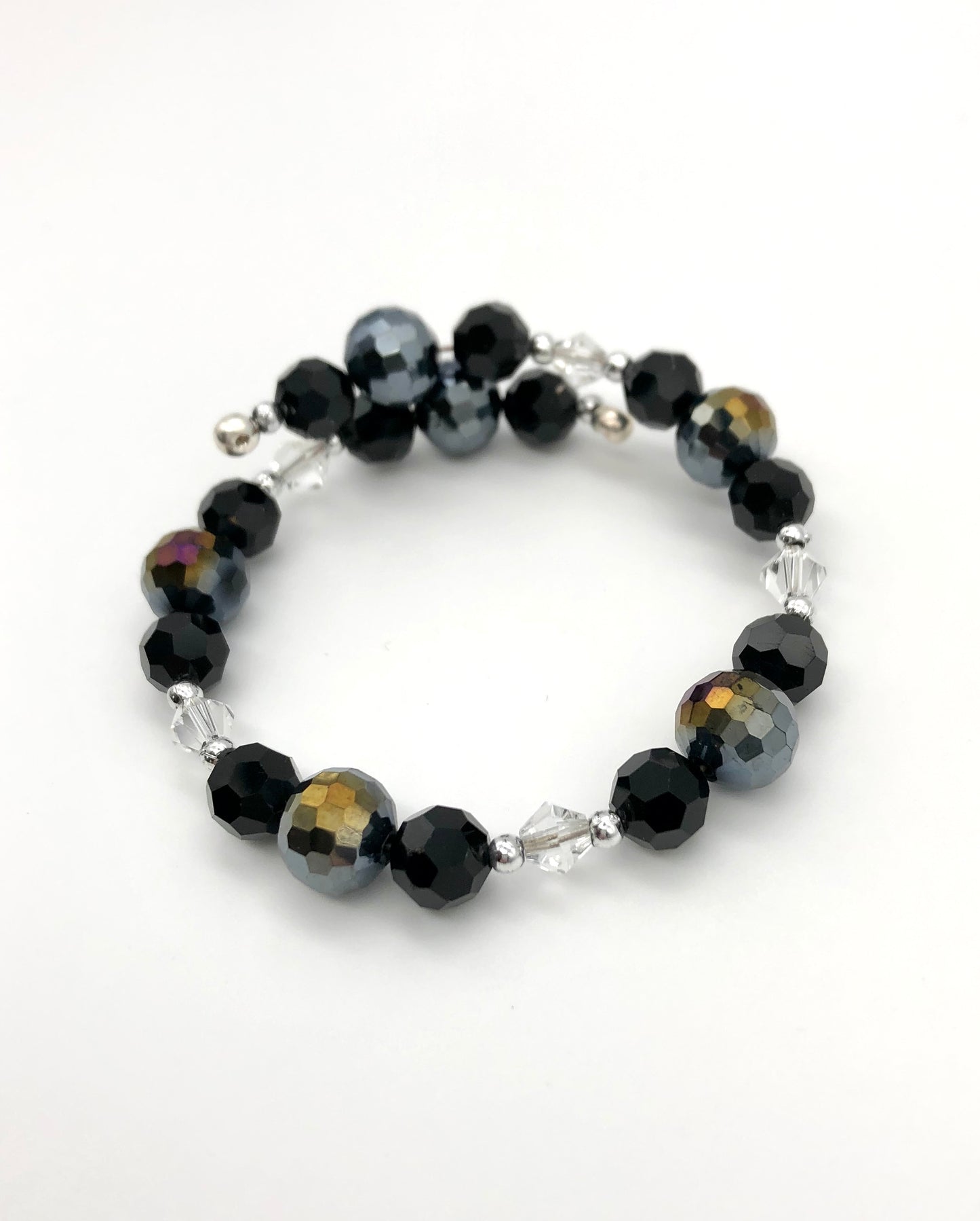 Black, dark disco grey, and crystal beaded silver memory wire bracelet